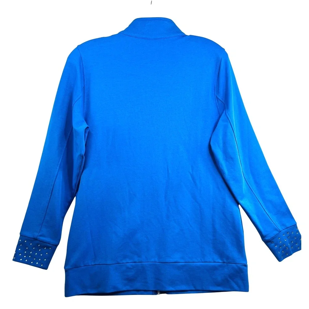 Quacker Factory Royal Blue Rhinestone Zip Up Jacket Mock Neck Sweatshirt XS